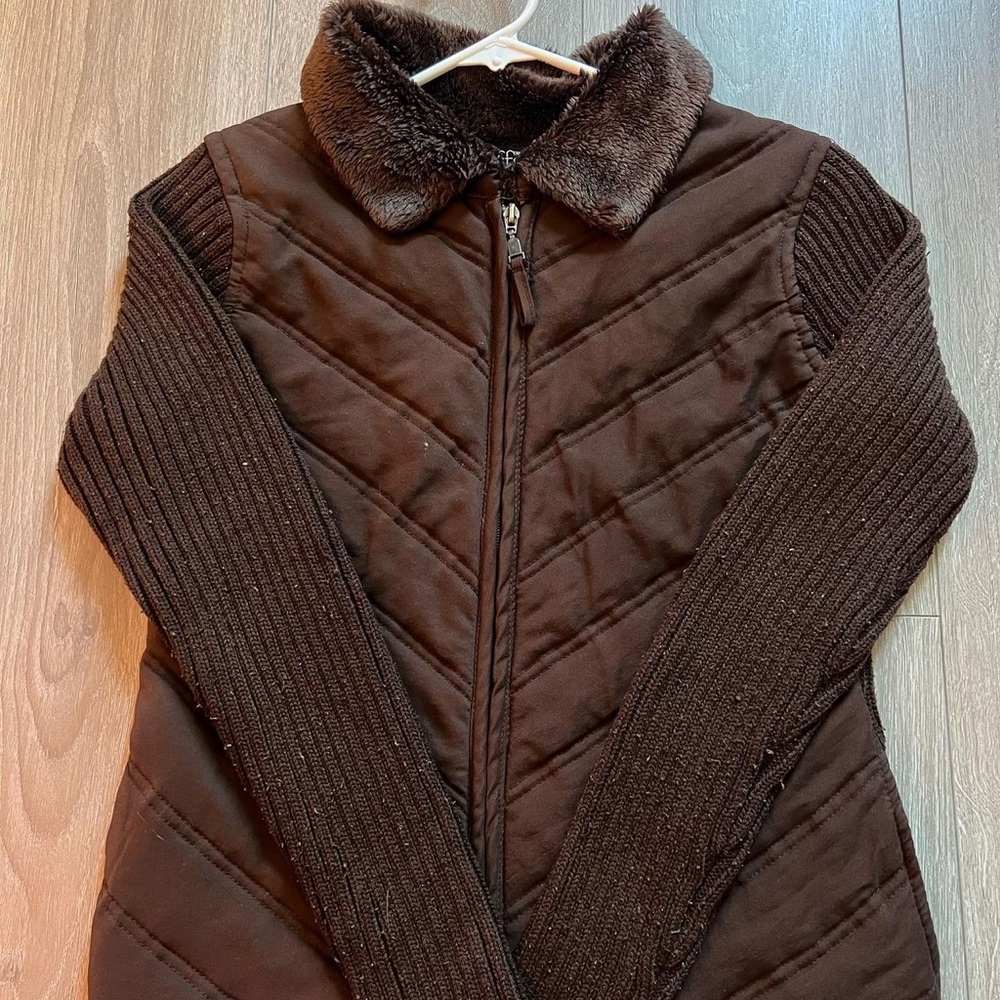EFFECI CREAZIOHI- BROWN FUR TRIM ZIP UP SWEATER